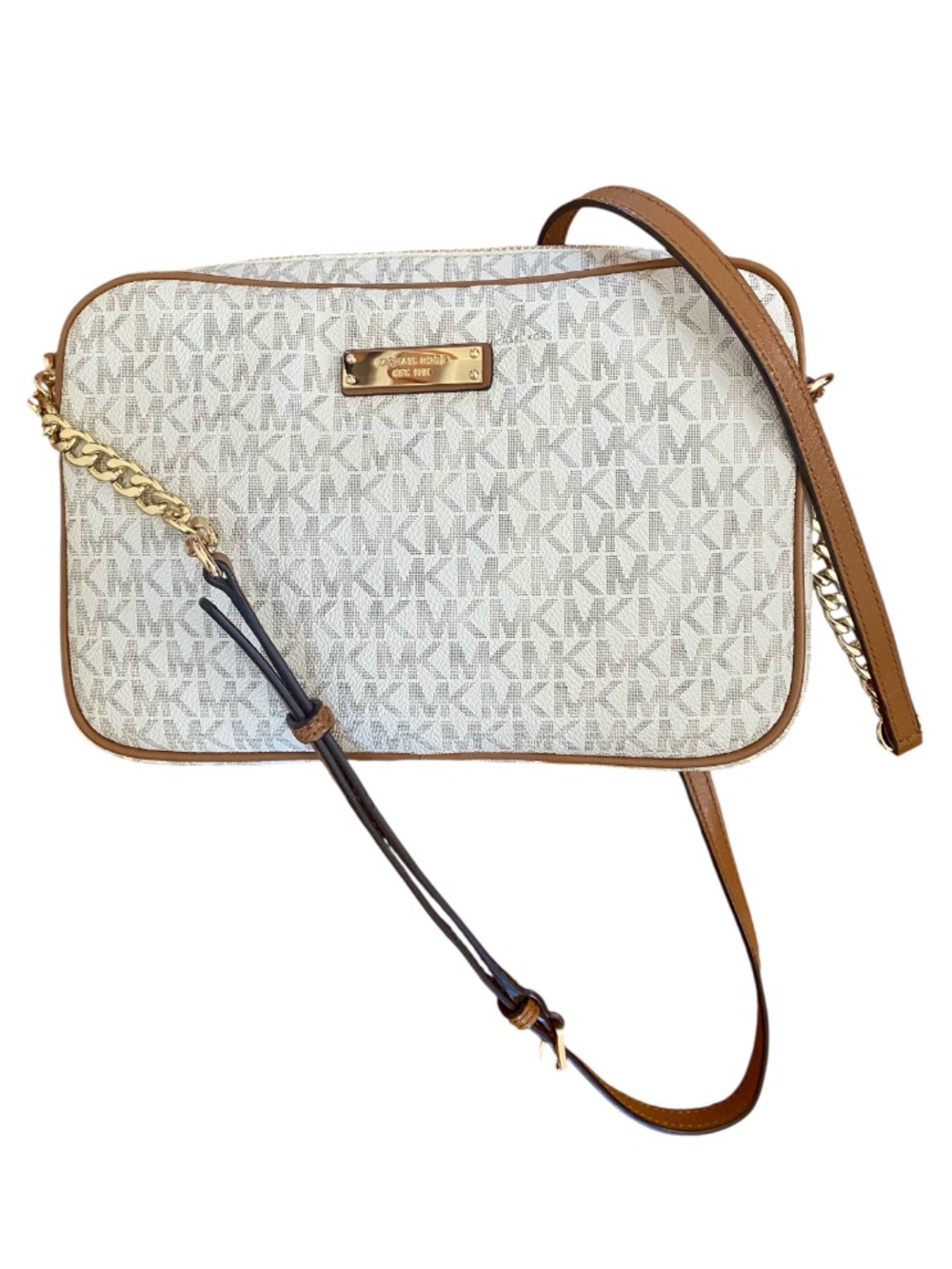 Michael Kors Jet Set Vanilla MK Signature Crossbody Bag Gold Chain